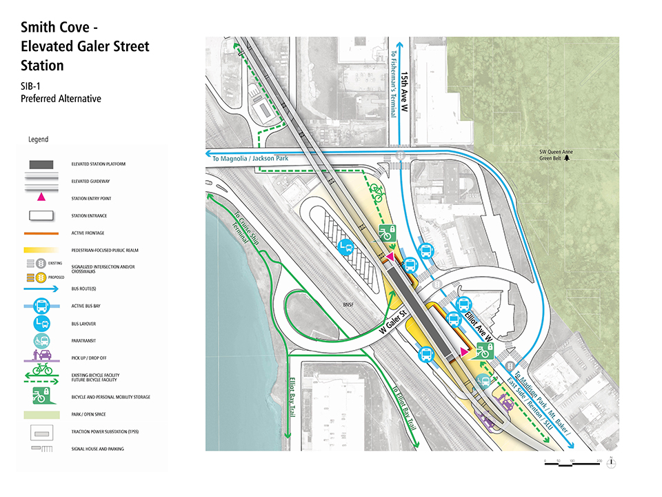 A map that describes how pedestrians, bus riders, bicyclists, and drivers could access the Smith Cove - Elevated Galer Street Station Alternative.
